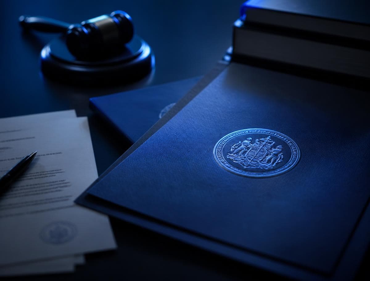 Court documents with an embossed Pennsylvania seal lit in deep blue